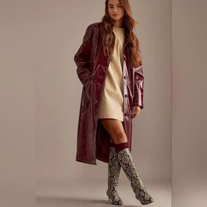 NWT Vigoss Burgundy Faux Patent Leather Double Breasted Trench Coat Size S